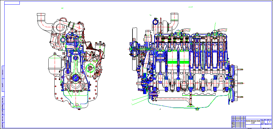Поперечный и продольный разрез двигателя Д260