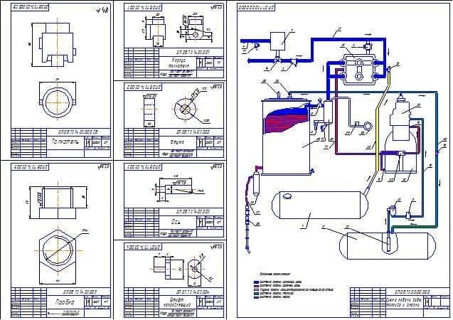 Деталировка и схема подачи воды, топлива и смазки