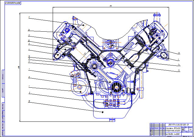 Чертеж Двигатель ЯМЗ - 238 поперечный разрез